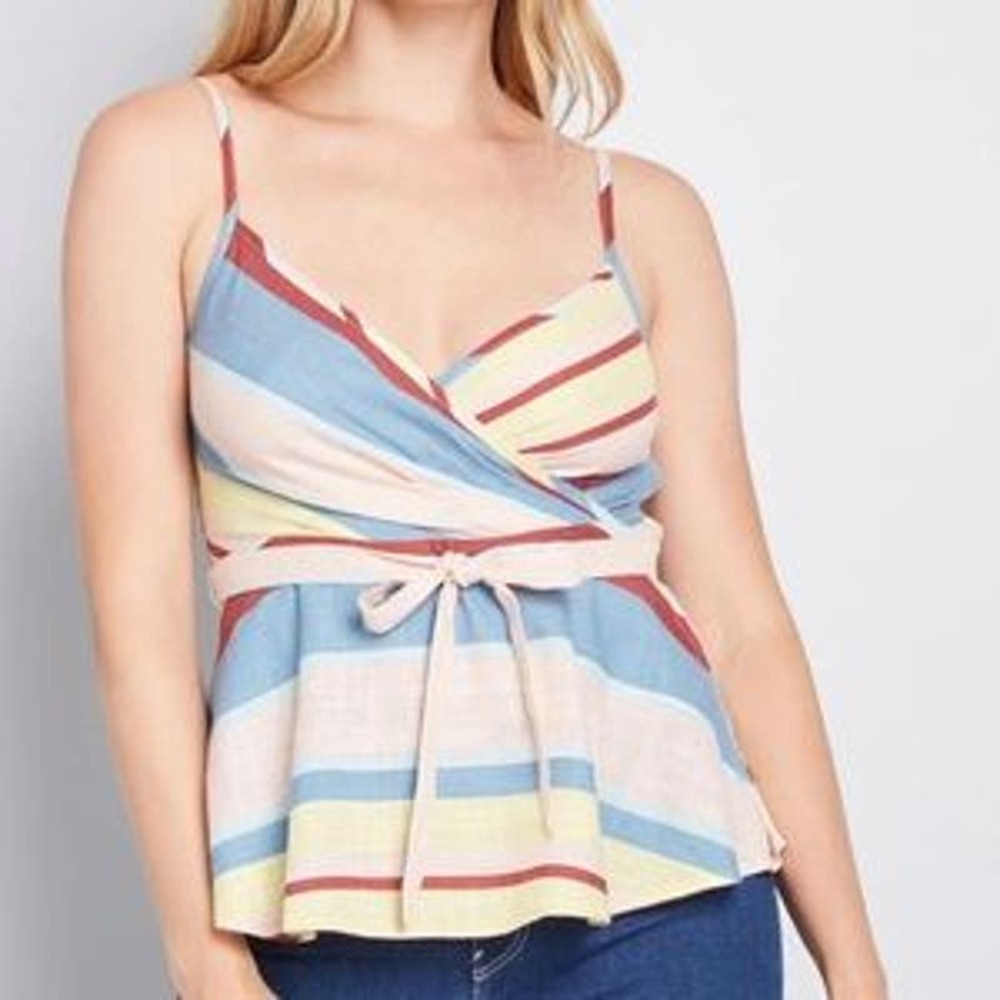 3/$20 Modcloth Linen Sunny Sunday Cami Spring Pastel Picnic Stripe Wrap Tank XXS